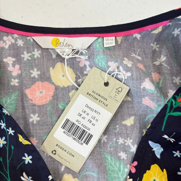 Boden NWT Navy Blue Floral Mini Dress 12 Cotton Puff Sleeves Spring Mod Garden - Picture 8 of 10